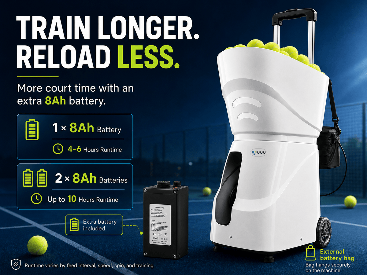 Tennis Ball Machine, 110-Ball Hopper App Control Dual Batteries