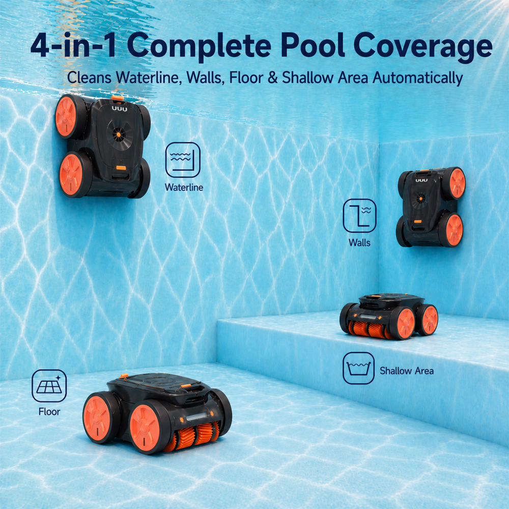 UUU Robotic Pool Cleaner waterline walls floor shallow area automatically