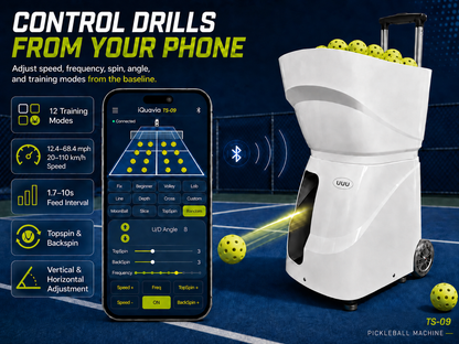 UUU TS-09P Pickleball Machine App Control 68MPH 80-Ball Hopper