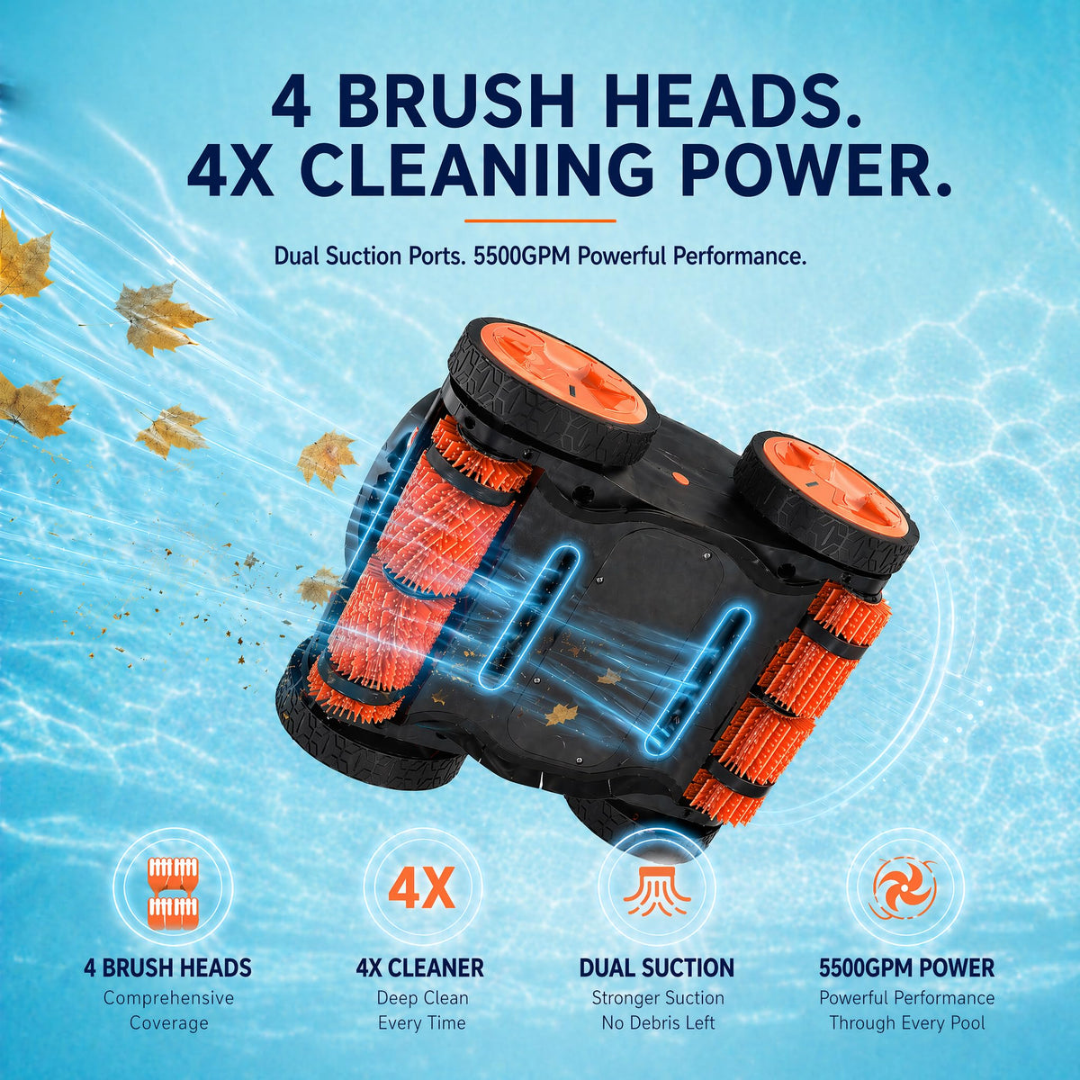 UUU HG800 Pool Robot Vacuum 4 brush heads
